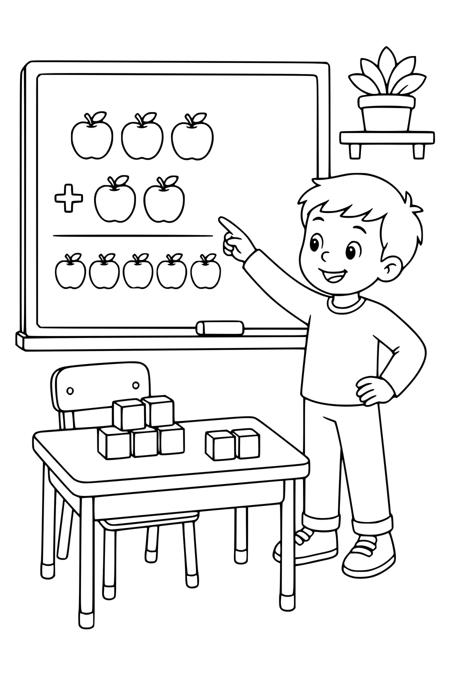 Gratis printbare school kleurplaat van kind rekent op het schoolbord in de klas