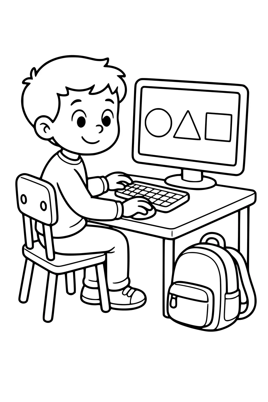 Gratis printbare school kleurplaat van kind werkt op de computer in de klas in de klas