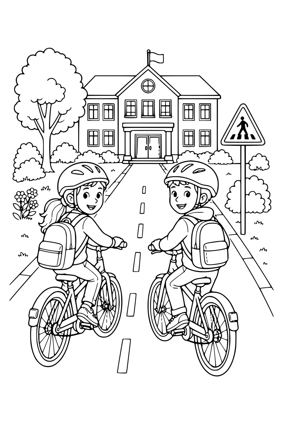 Gratis printbare school kleurplaat van kinderen fietsen naar school in de klas