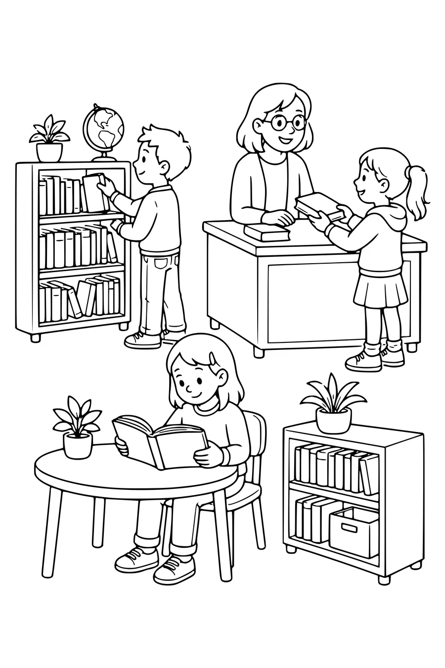 Gratis Ausmalbild Kinder in der Schulbibliothek in der Klasse