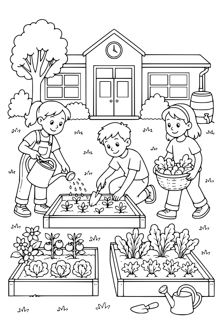 Gratis printbare school kleurplaat van kinderen in de schooltuin in de klas