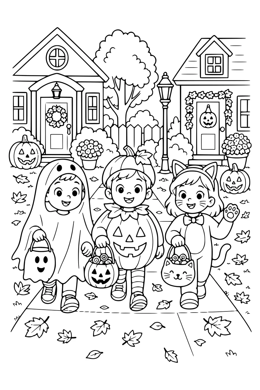 Coloriage imprimable enfants porte-à-porte Halloween