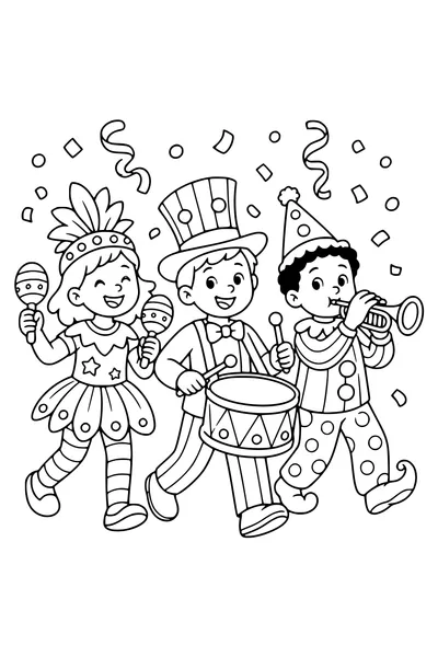 Kleurplaat van drie verklede kinderen die muziek maken in een carnavalsoptocht