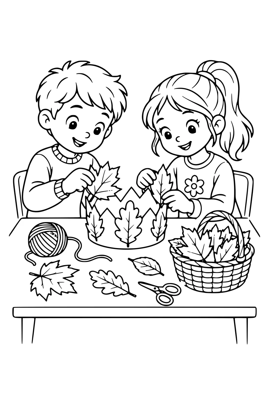 Deux enfants attachent de grandes feuilles à une couronne en papier.