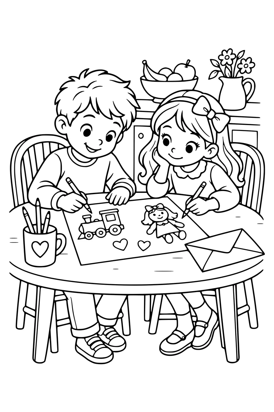 Two children draw a toy train and doll on an unlettered wish list at a kitchen table, pencils and an envelope nearby.