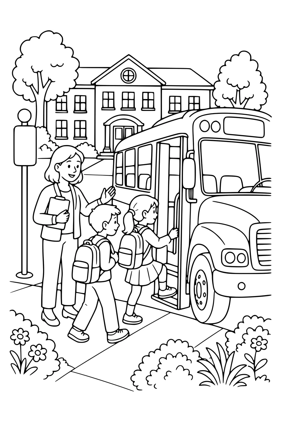 Free printable school coloring page of children board the school bus in class
