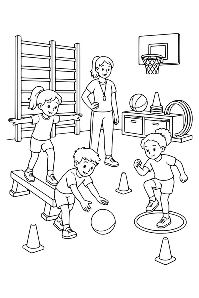 Gratis Ausmalbild Kinder während der Sportstunde in der Klasse