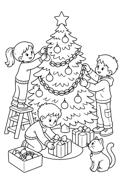 Gratis Ausmalbild Kinder schmücken den Weihnachtsbaum