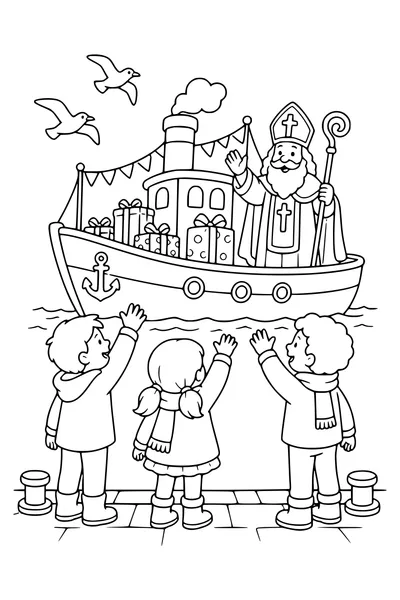 Kleurplaat van kinderen die zwaaien naar Sinterklaas op de aankomende stoomboot