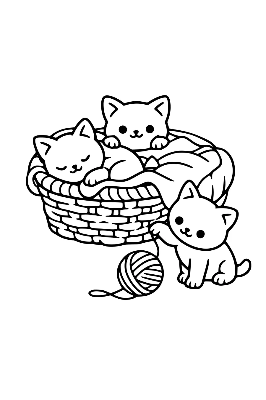 Coloring page of three kittens in a wicker basket with a ball of wool