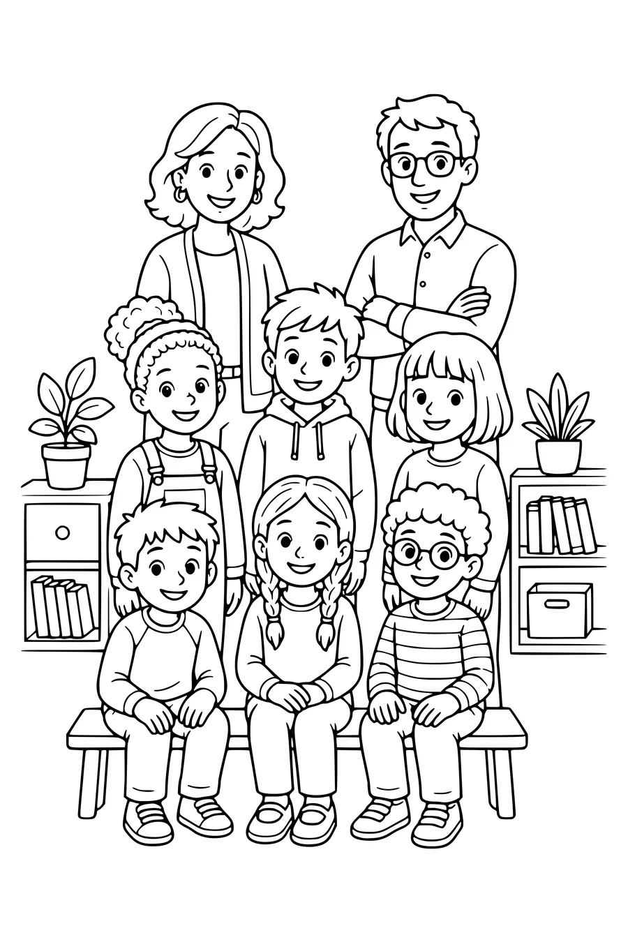 Gratis printbare school kleurplaat van klasfoto met juf en meester in de klas