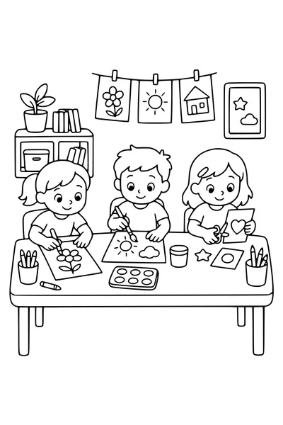 Ausmalbild: Kinder basteln am Klassentisch