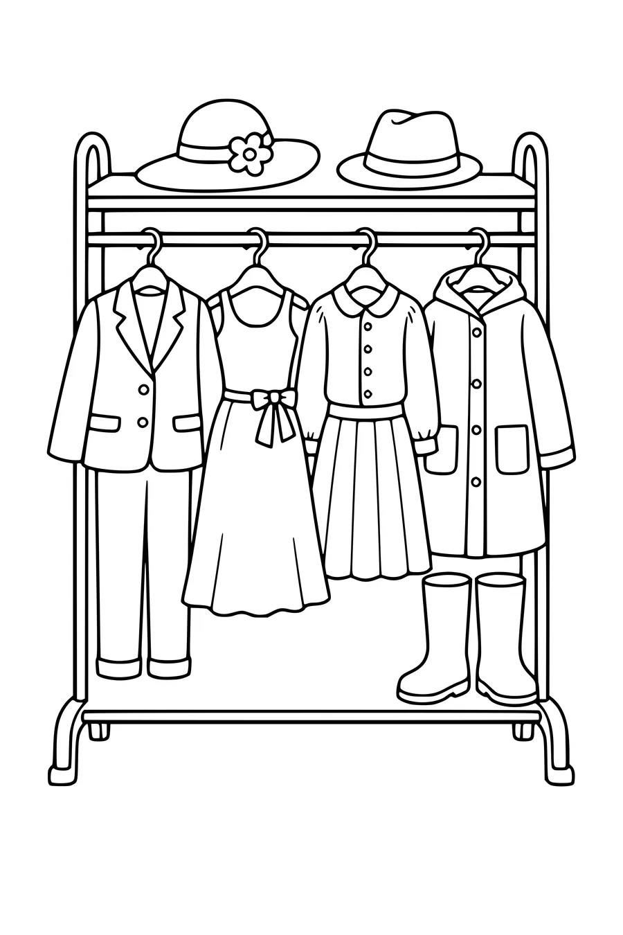 Free printable coloring page of clothing rack with outfits