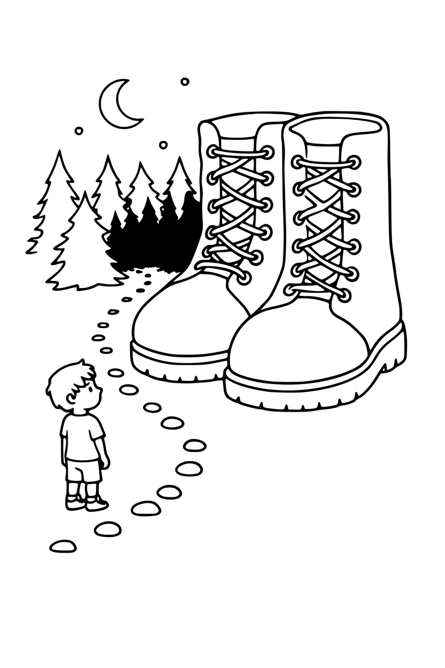 Coloring page of a tiny boy beside giant boots with a trail of pebbles