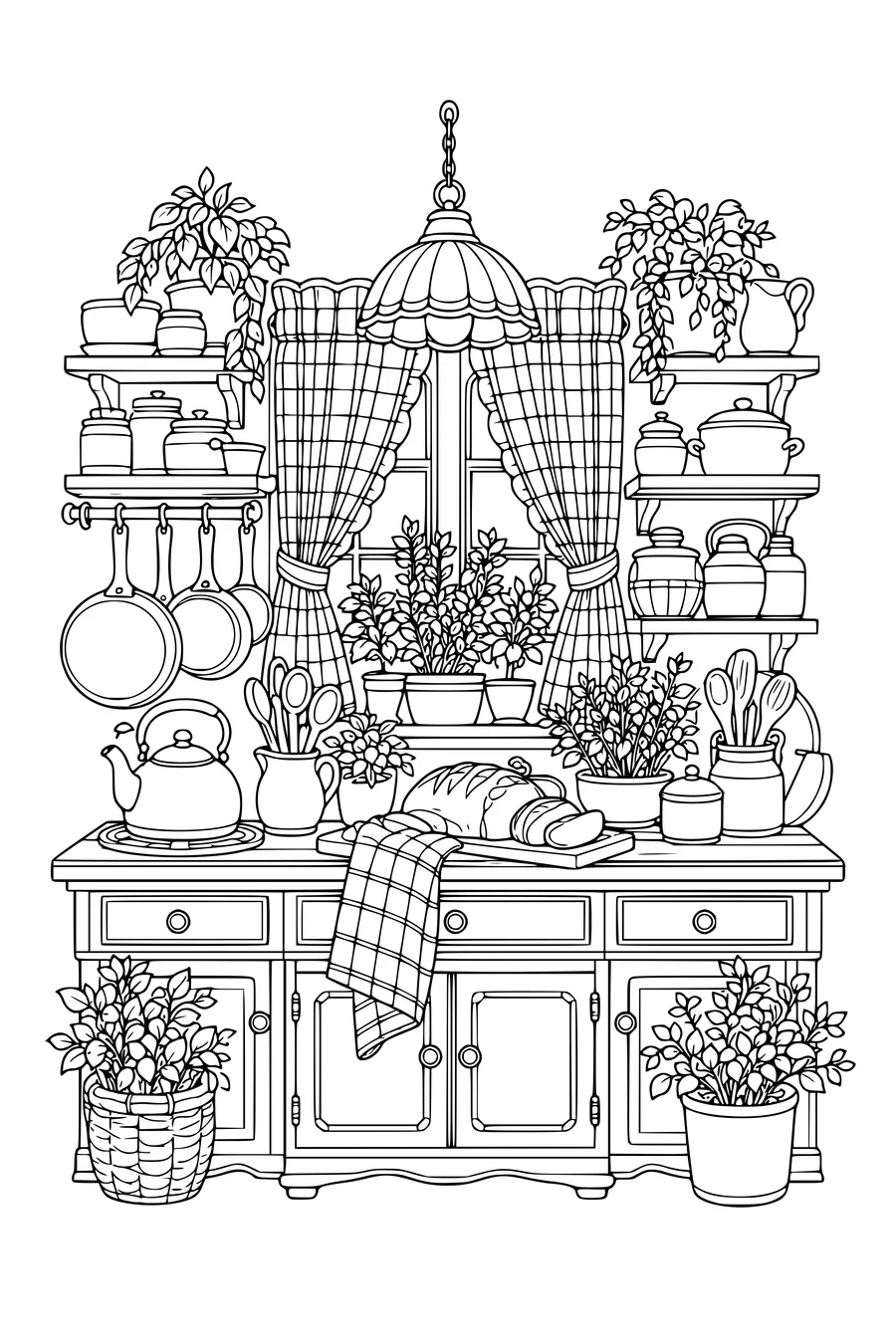 Detailed adult coloring page of a small cozy kitchen in the evening