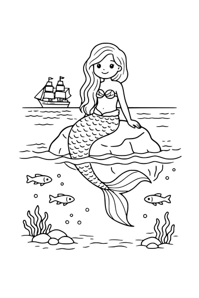 Coloring page of a mermaid on a rock with a curling tail and a ship on the horizon