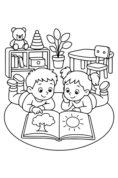 Kostenloses Schul-Ausmalbild: Kinder betrachten ein Bilderbuch