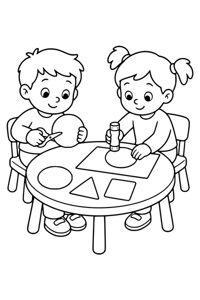 Kostenloses Schul-Ausmalbild: Kinder schneiden und kleben im Klassenzimmer