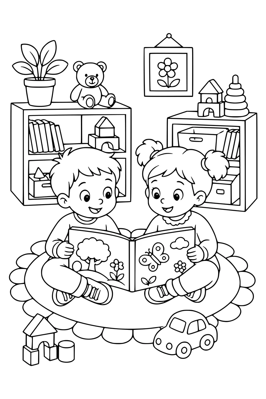 Free printable school coloring page of preschoolers read together in the classroom in class