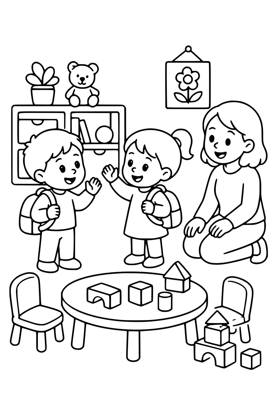 Free printable school coloring page of preschoolers meet in class in class