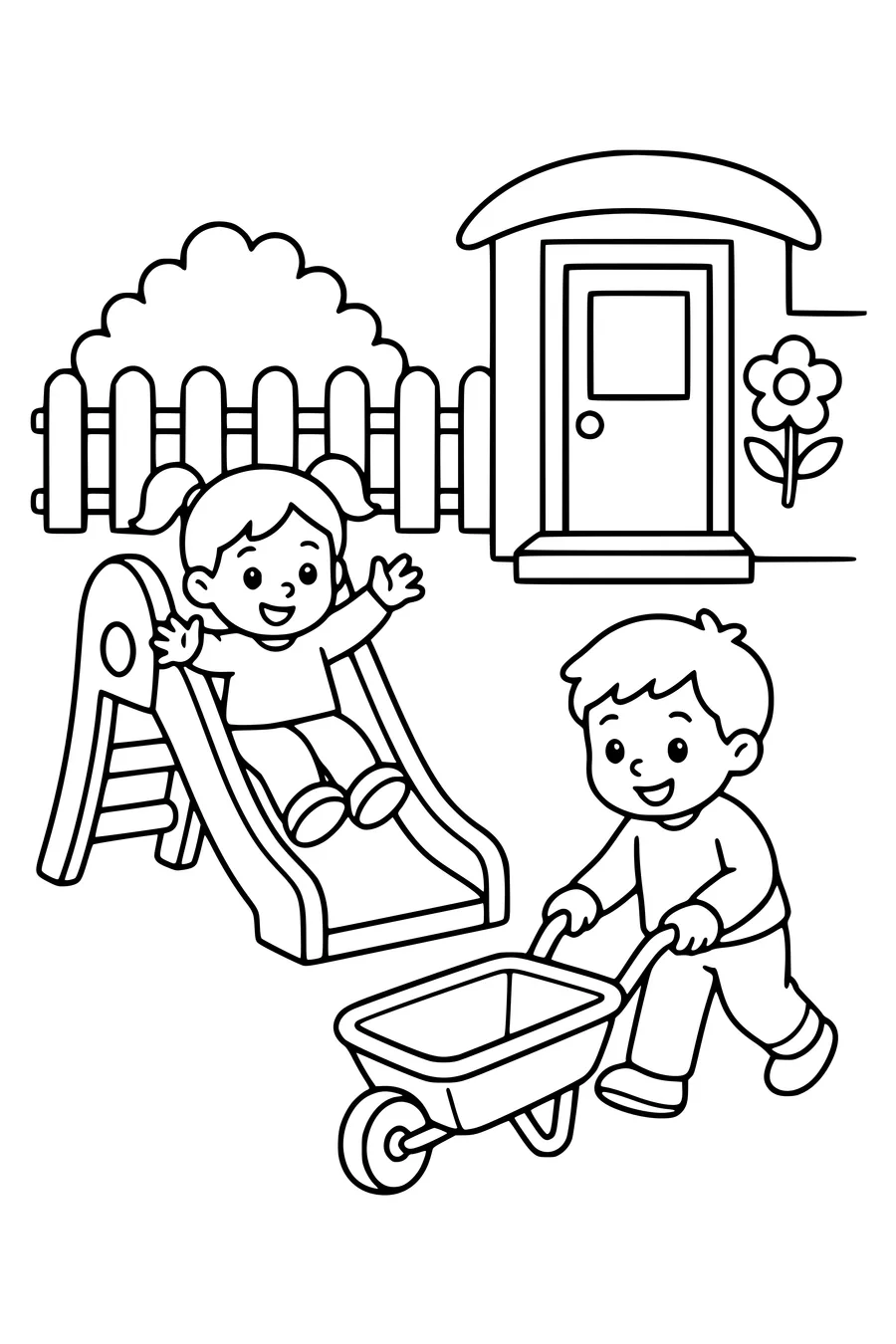 Free printable school coloring page of preschoolers on the school playground in class