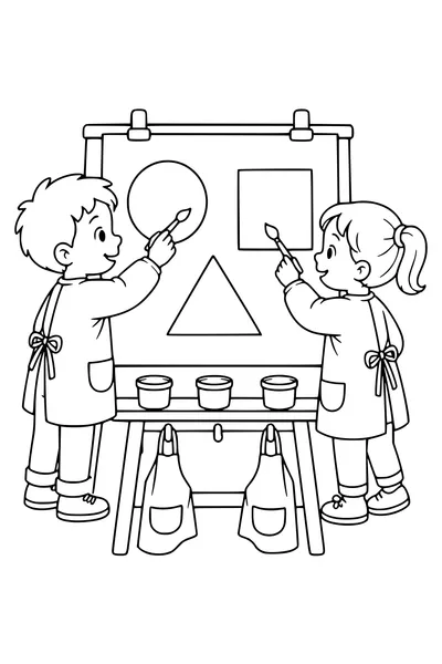 Kostenloses Schul-Ausmalbild: Kinder malen zusammen in der Schule