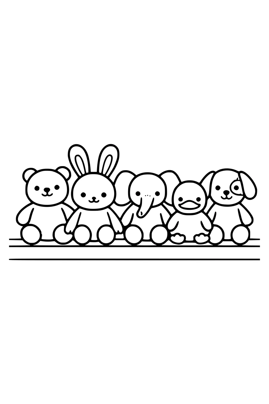 Coloring page of five cuddly toys sitting in a row on a shelf