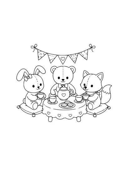 Free cuddly friends coloring page: plush friends tea party