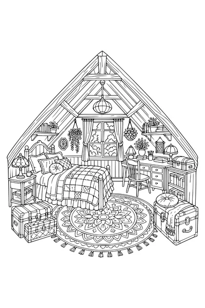 Detailed adult coloring page of a cozy bedroom under attic beams
