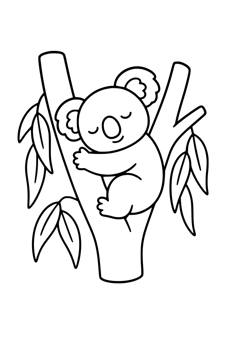 Kleurplaat van een slapende koala in een eucalyptusboom