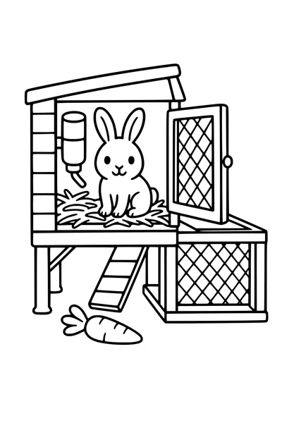 Coloring page of a rabbit sitting up in an open hutch