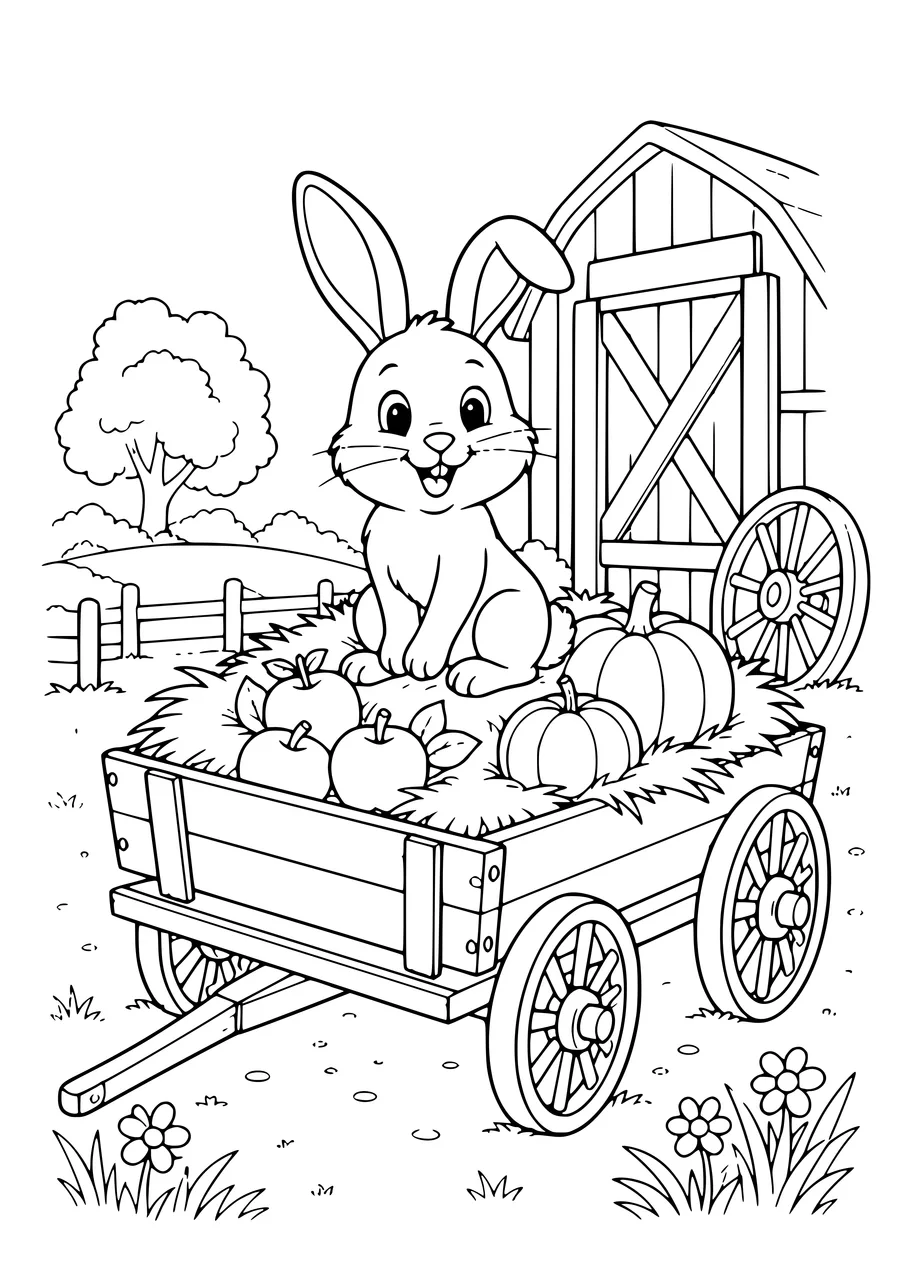 Kostenloses Bauernhof-Ausmalbild: Hase auf dem Bauernwagen