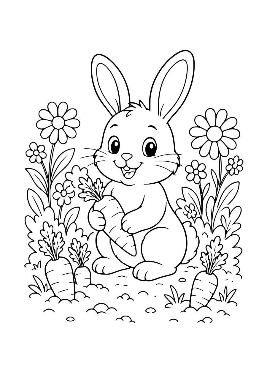 Coloriage gratuit d’un petit lapin dans un jardin