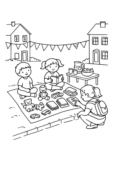 Kleurplaat van kinderen die speelgoed verkopen op de vrijmarkt