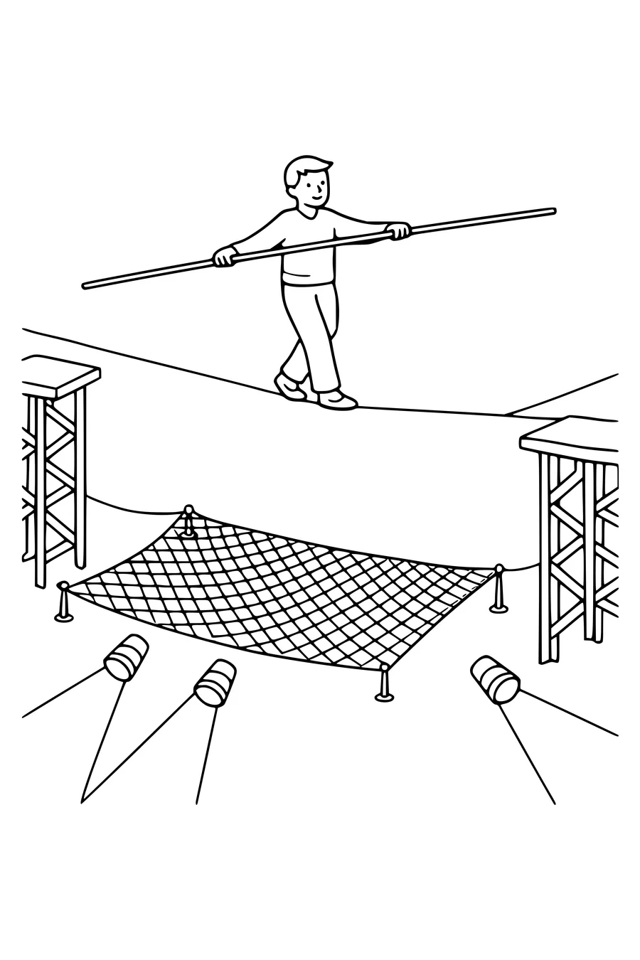 Kleurplaat van een koorddanser met balanceerstok boven het net