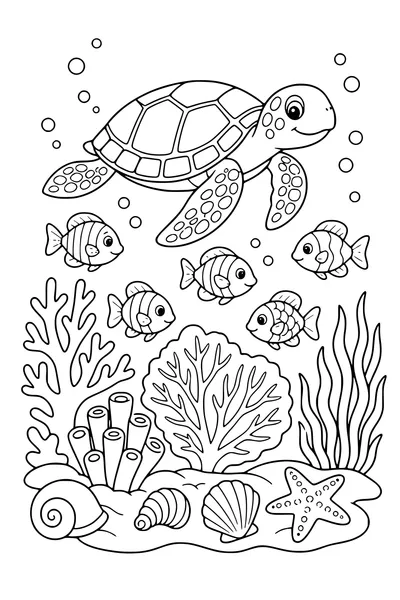 Free printable coloring page of coral reef with turtle and fish