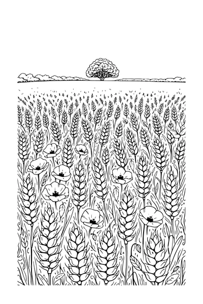 Coloring page of a wheat field with poppies and a tree on the horizon
