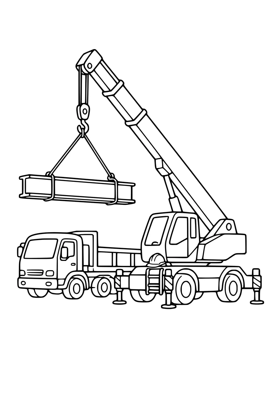 Coloring page of a mobile crane lifting a steel beam