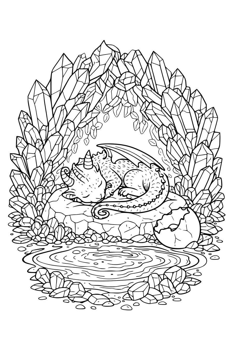 Coloring page of a crystal cave with a sleeping baby dragon