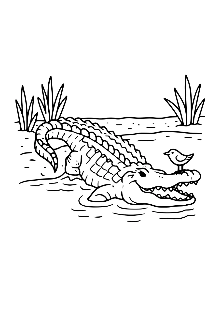 Coloring page of a crocodile on a bank with a bird on its snout