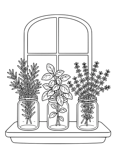 Coloring page of five herb pots on a windowsill