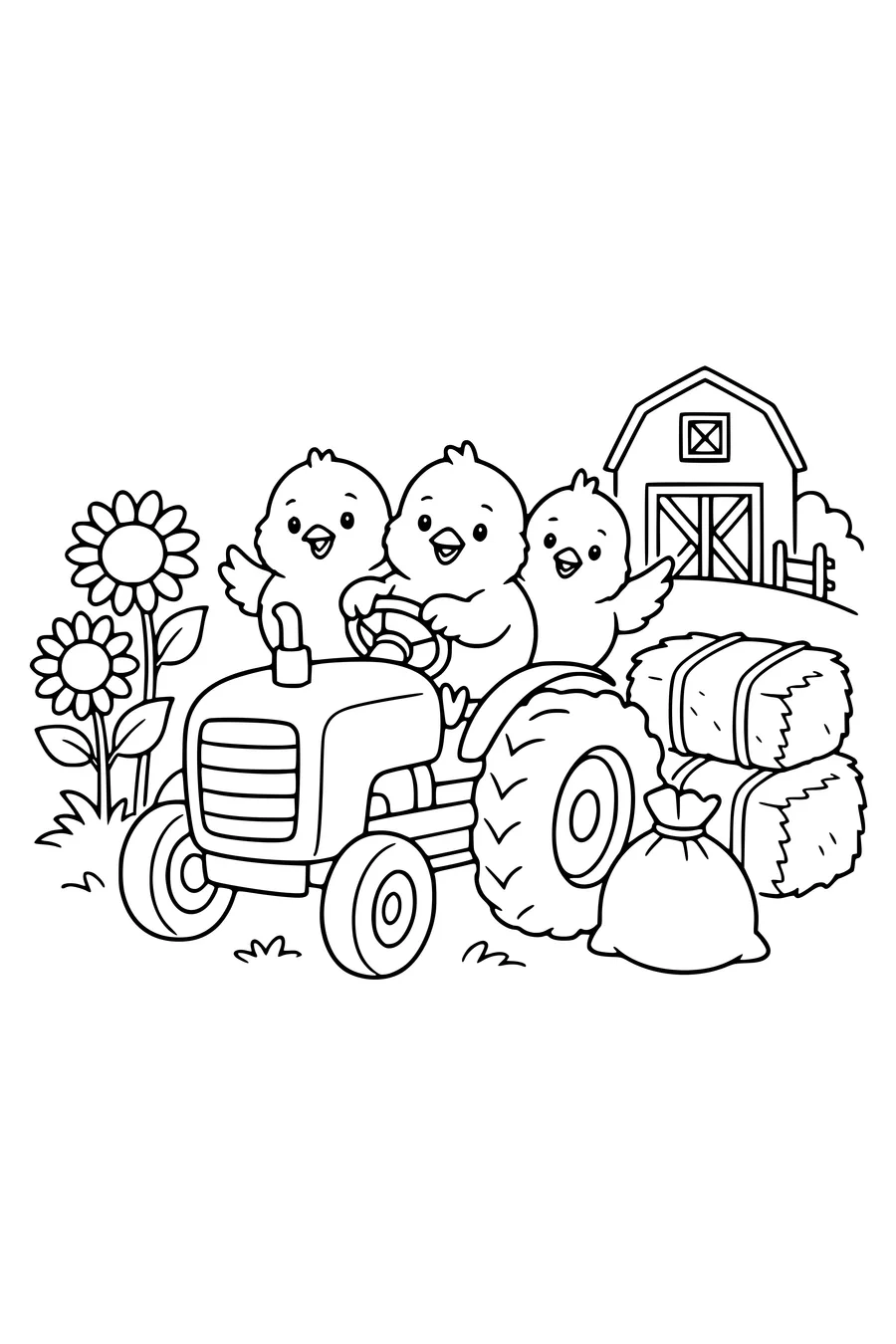 Medium coloring page of three fluffy chicks sitting on a small farm tractor