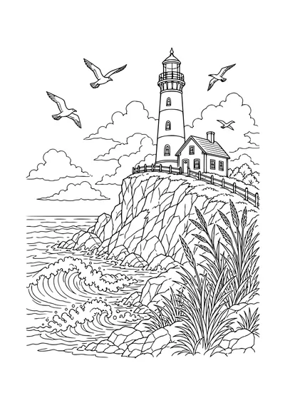 Difficult adult landscape coloring page: coastal cliff with lighthouse