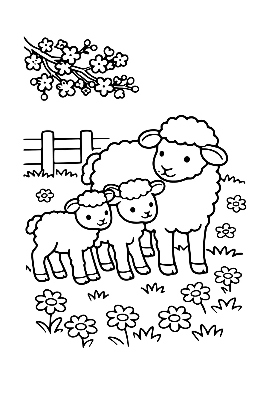 Coloring page of two lambs beside their mother in a spring meadow