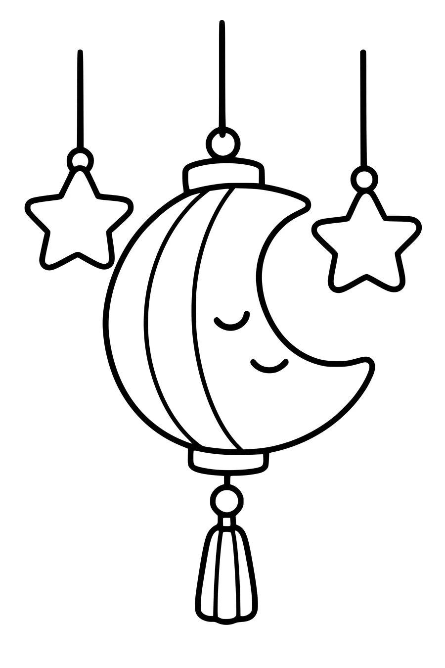 A crescent moon Saint Martin lantern with a sleepy face hangs beside two large star ornaments.