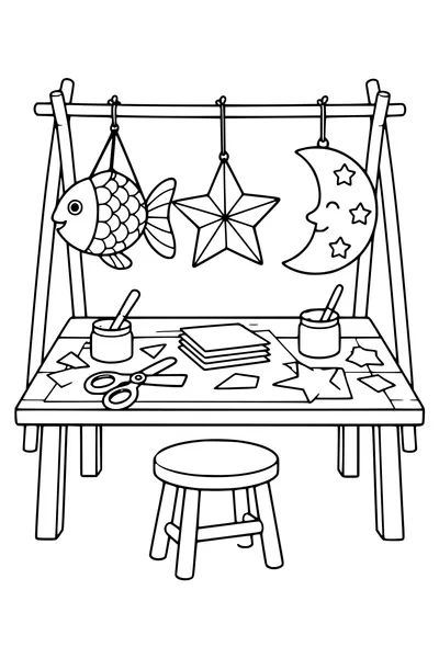 Des lampions en papier en forme de poisson, d'étoile et de lune pendent au-dessus d'une table avec des pots de colle.