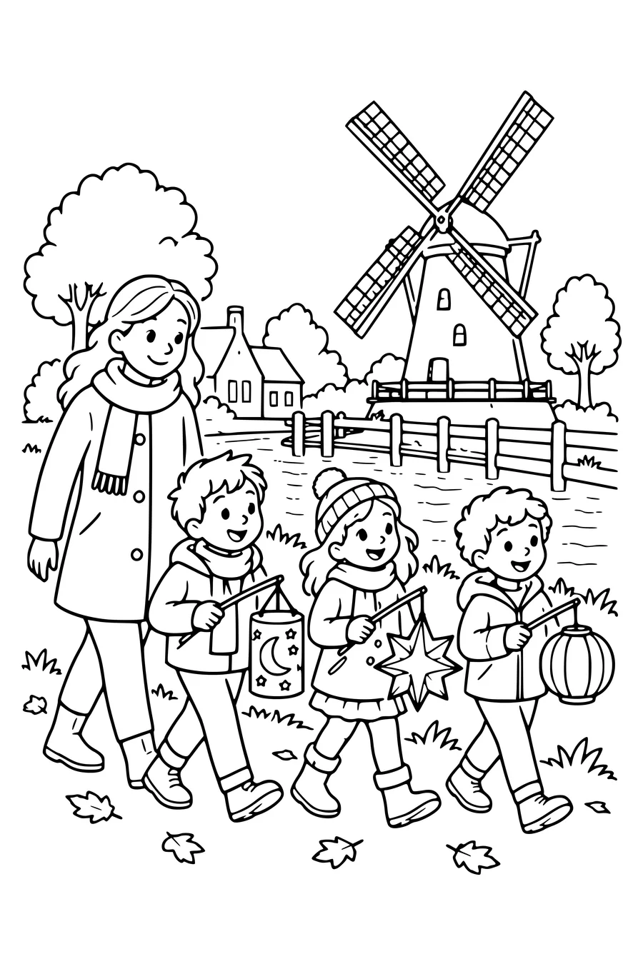 Trois enfants marchent avec différentes lanternes le long d'un moulin sur le canal.