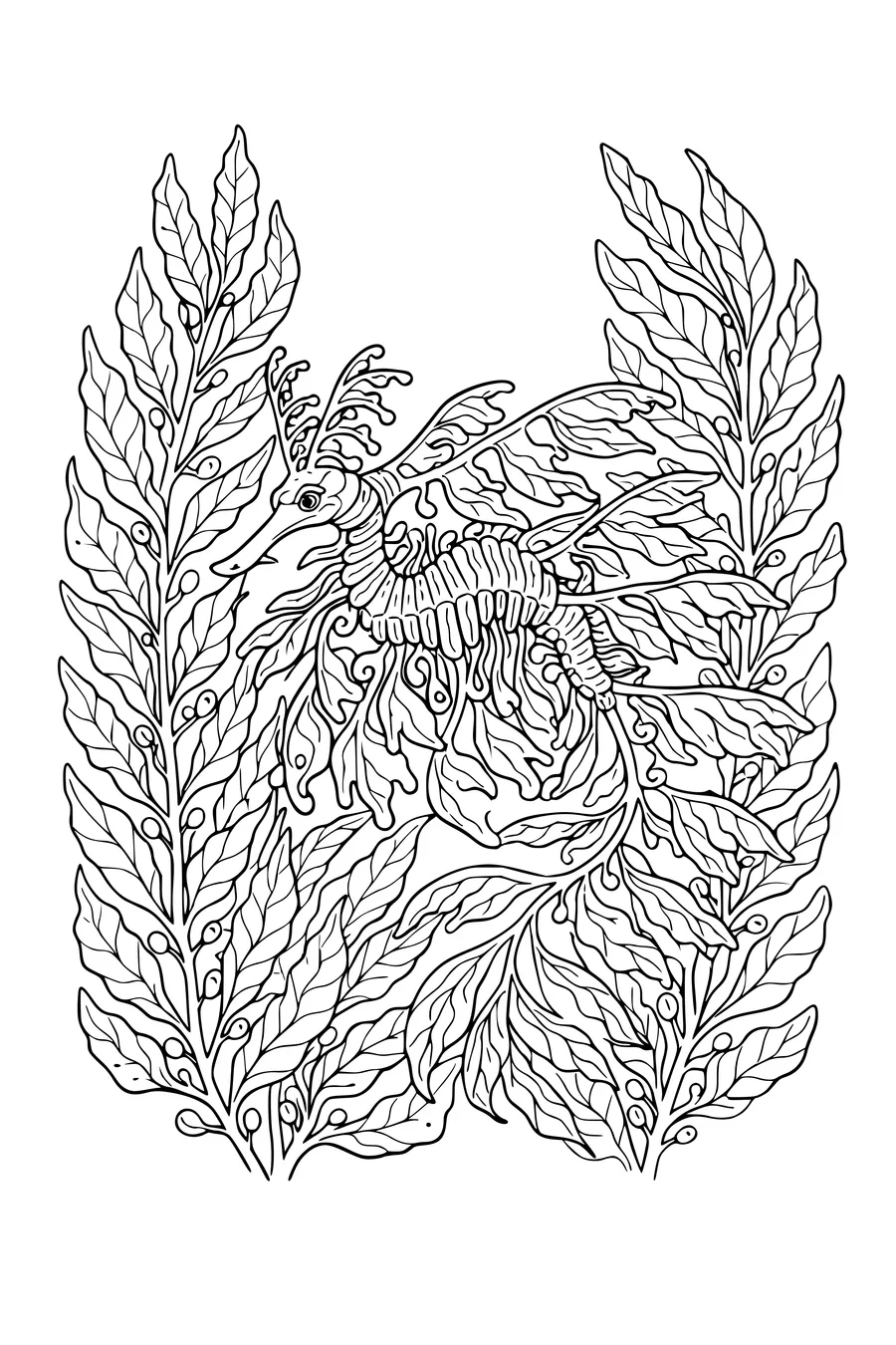 Coloring page of a leafy sea dragon camouflaged among tall kelp blades