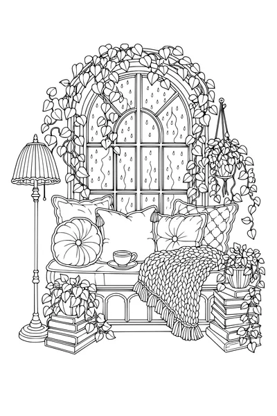 Detailed adult coloring page of a reading nook beside a rainy arched window