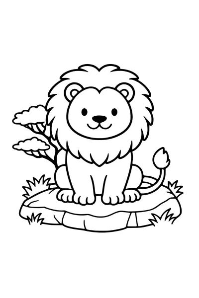 Coloring page of a lion with a full mane sitting on a rock